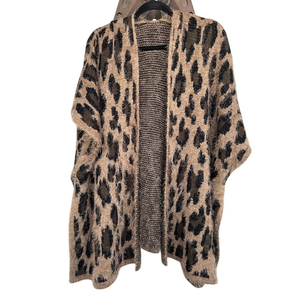 Unbranded Leopard Print Fuzzy Eyelash Knit Oversized Open‎ Front Cardigan Poncho